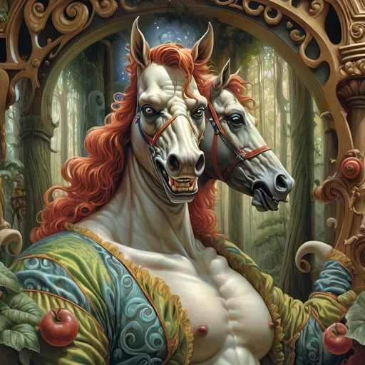 Prompt: A Seven Winders Art Glass Studio exquisite oil Renaissance and Art Nouveu painting of a horse in a forest with swirls and trees in the background and a swirly tree, Amanda Sage, fantasy art, intricate oil painting, an airbrush painting