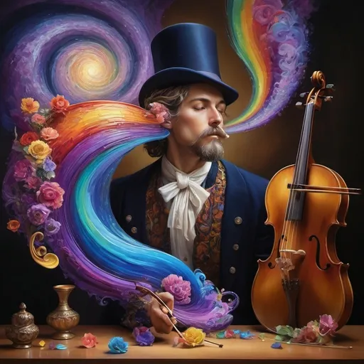 Prompt: art nouveau style, (vibrant colors), painting of a man playing violin, intricate items surrounding him, complex rainbow swirl background, (emotion of harmony and creativity), surreal depiction of sound waves as colors, rhythmic patterns, expressive facial features, ethereal ambiance, whimsical elements, (HD), highly detailed masterpiece.