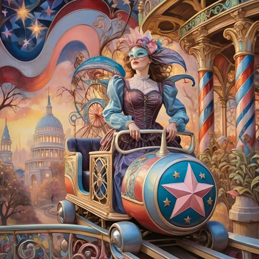 Prompt: (Renaissance oil on canvas), (Art Nouveau style), (pastel color scheme), enchanting amusement park titled “Liberty Park” in D.C., magical and whimsical atmosphere, intricate fine details, vibrant rides themed around Americana and patriotism, spectacular stained glass roller coaster, woman magician in a striking mask, elegantly poised in the first car, dreamy surroundings, enchanting woods in the background, (ultra-detailed, HD).