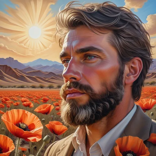 Prompt: A Seven Wonders Art Glass Studio portrait oil painting of a man with a beard in middle of Mojave Desert peak Poppy bloom season. Honoring Nuit