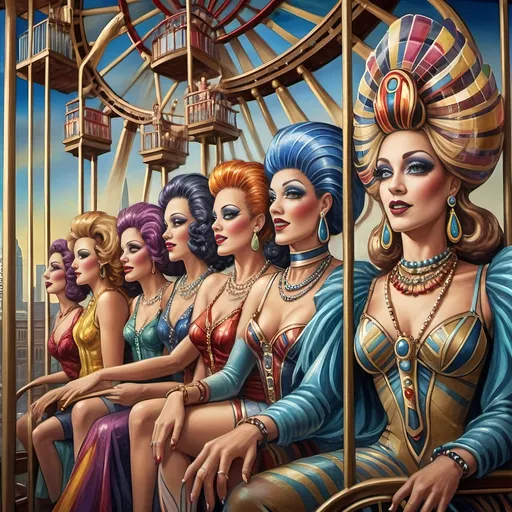 Prompt: (A Seven Wonders Art Glass Studio oil masterpiece) Art Deco style, vibrant color scheme, a lively group of drag queens in extravagant clothing, ascending a fantastical roller coaster in Liberty Park, joyful expressions, others on a colorful Ferris wheel, overlooking local attractions, honoring Nuit, dynamic composition, rich details, luxurious textures, atmospheric vibrant lighting, ultra-detailed, celebratory ambiance.