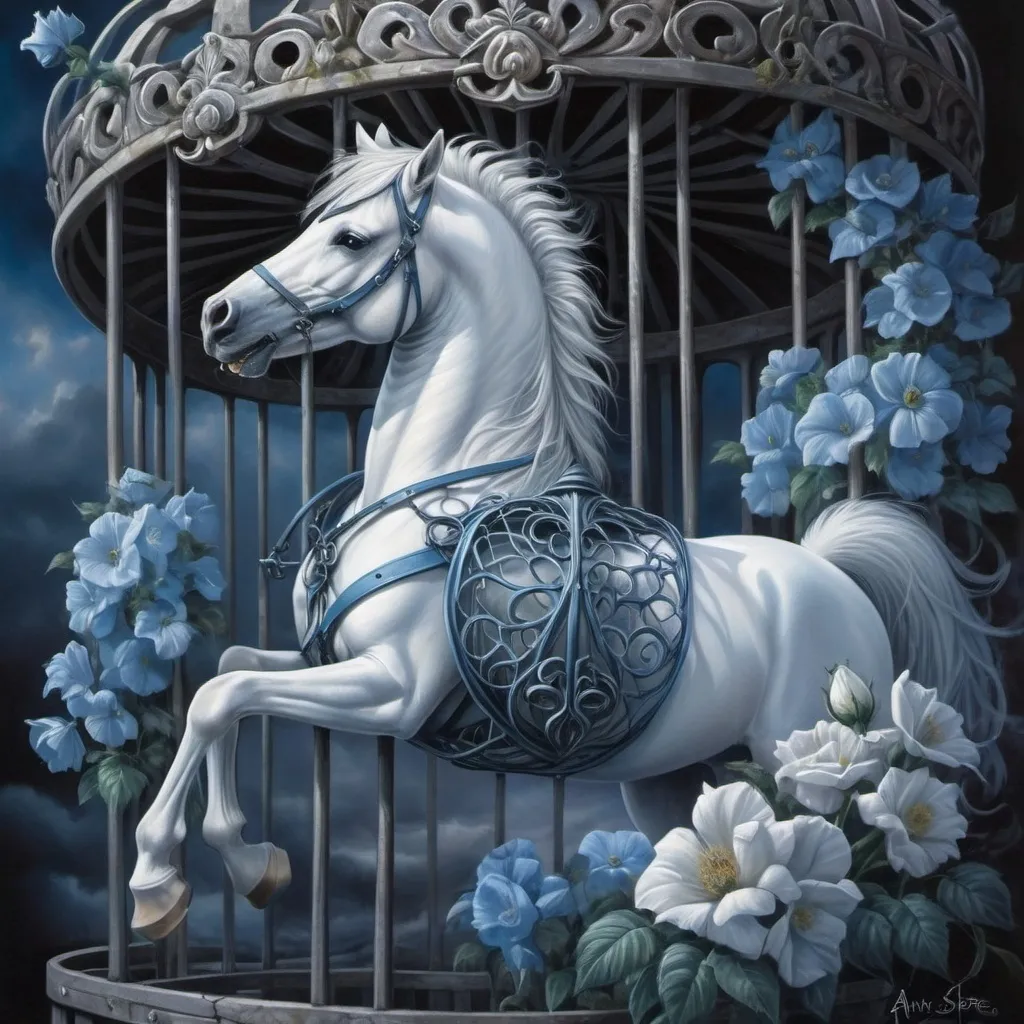 Prompt: a white horse is standing in a cage with a flower in it's mouth and a blue sky behind it, Anne Stokes, fantasy art, fantasy artwork, an airbrush painting