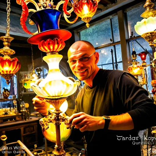 Prompt: (Baroque style) Glass Artisan and Magician, (vibrant colors), man wearing a magical top hat, carefully constructing enchanting magical lights in an intricate chandelier. Lush workshop setting, blending the magic of the real world with Murano’s artistry, (Venice), surrounded by stunning glass artworks, dramatic shadows, and a cozy ambiance, (ultra-detailed).