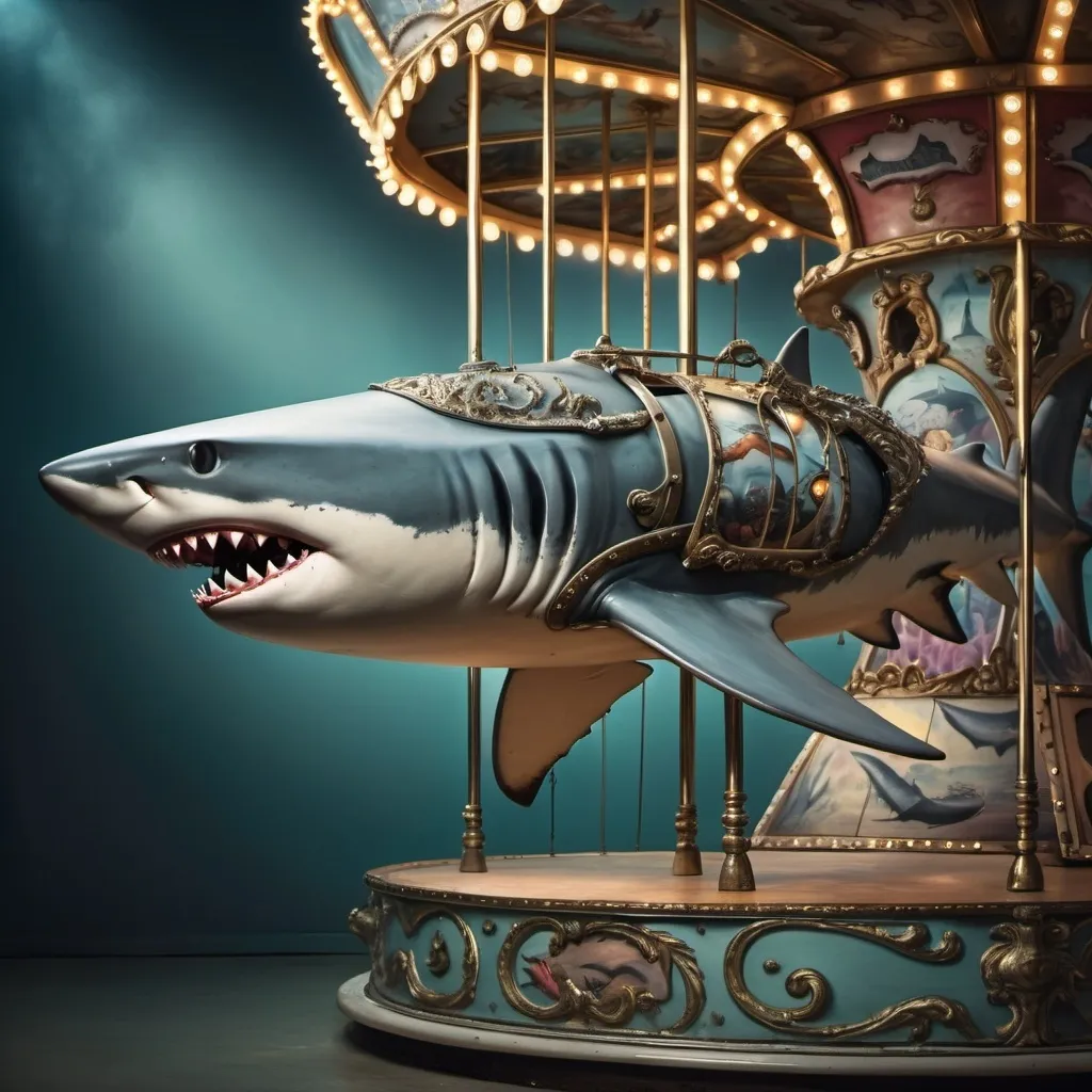 Prompt: a shark carousel with a shark on it's back and a carousel in the background with lights on, Dirk Crabeth, pop surrealism, surreal photography, a surrealist sculpture