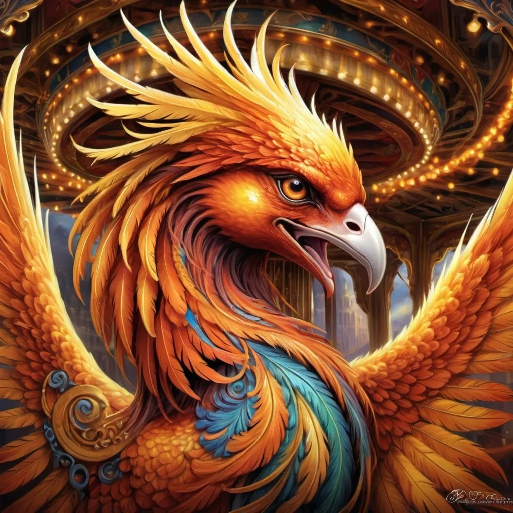 Prompt: a painting of a bird phoenix with orange and yellow feathers on it's head and wings, with a spiral design on its body, Anne Stokes, fantasy art, highly detailed digital art, an airbrush painting in front of a carousel