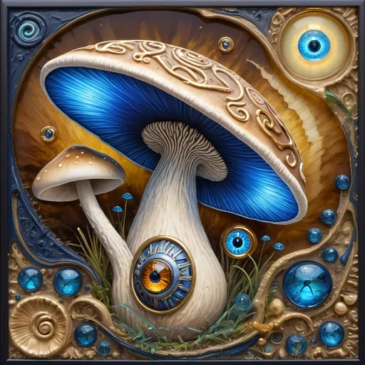 Prompt: a 7 Wonders Art Glass Studio masterpiece oil painting (honoring Nuit) of a magical mushroom with a blue shell and a blue eye on it's face (Eye of Horus)