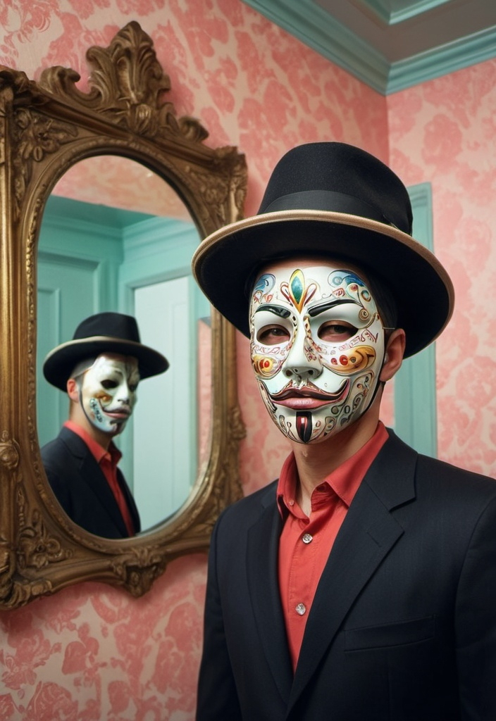 Prompt: a man with a mask on his face and a hat on his head, standing in a room with a mirror, Dave Arredondo, kitsch movement, david lazar, a portrait