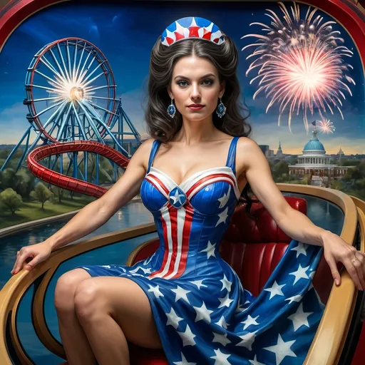 Prompt: a 7 Wonders Art Glass Studio of a woman in patriotic dress riding the rollercoaster Liberty Park, located in Washington D.C, Northern Virginia, and Maryland local attractions, with U.S.Flag themes and float in the background and fireworks in the sky, 4th of July in Liberty Park.  honoring the goddess Nuit.