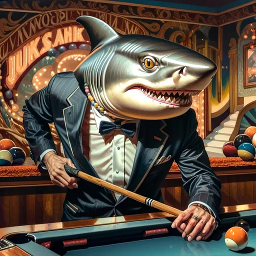 Prompt: a shark in a suit playing pool with a pool cueil and a pool ball in front of him, F. Scott Hess, pop surrealism, classical painting, a fine art painting y 7 Wonders Art Glass Studio honoring Nuit