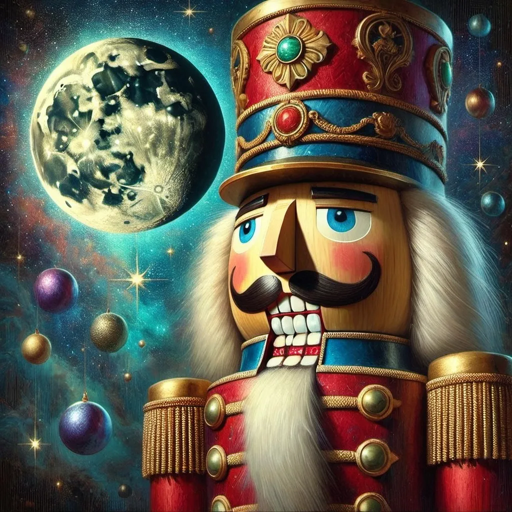 Prompt: a nutcracker with a big smile on his face and a full moon in the background with stars, Chris LaBrooy, pop surrealism, highly detailed digital painting, an airbrush painting