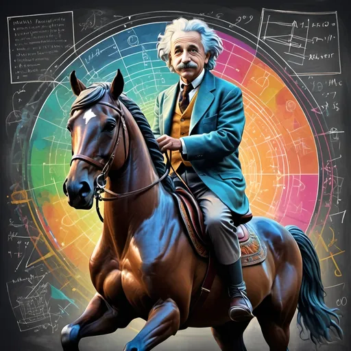 Prompt: (art movement: Art Deco), vibrant color scheme, (Carousel of Science), highly detailed digital painting, statue-like Albert Einstein, gracefully posed on a (majestic horse), a mysterious (chalkboard) filled with equations and sketches in the background, (ultrafine details), playful yet thoughtful atmosphere, intricate geometric patterns, rich textures, 4K quality, striking composition, dynamic blending of colors, creative expression through scientific wonder.