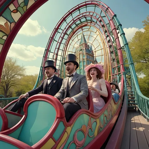 Prompt: (Art Nouveau style), (pastel color scheme), magicians riding roller coaster in D. C. Amusements park titled “Liberty Park” in D.C., whimsical atmosphere, capturing surprise photos of the magician riders intricate fine details, vibrant rides themed around Americana, stunning stained glass roller ambiance, 4K, ultra-detailed.