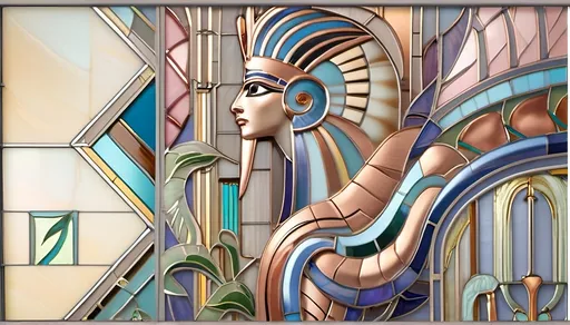 Prompt: A Seven Wonders Art Glass Studio Art Deco Designed Stained Glass window.  Honors the Aeon of Horus as Egyptian Diety in Tiffany Gallery glass copper foil method.  Masterpiece design.