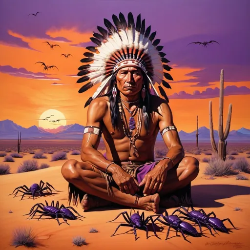 Prompt: (painting of a native american man), surrounded by scorpions, set against a vivid desert landscape, (sunset colors of orange and purple), influenced by Edward Otho Cresap Ord, II, stylistic elements of western comic book art, masterful use of texture, capturing serene yet striking atmosphere, ancient wisdom and raw nature, ultra-detailed, fine art painting.