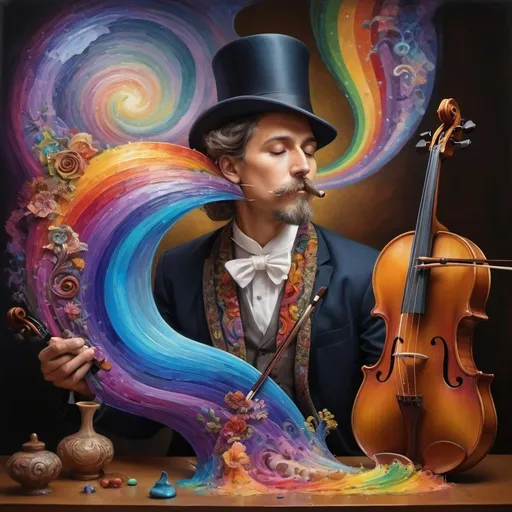 Prompt: art nouveau style, (vibrant colors), painting of a man playing violin, intricate items surrounding him, complex rainbow swirl background, (emotion of harmony and creativity), surreal depiction of sound waves as colors, rhythmic patterns, expressive facial features, ethereal ambiance, whimsical elements, (HD), highly detailed masterpiece.