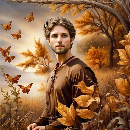 Prompt: (Renaissance style), (dark color scheme), painting of nature as a woman, flowing dress, delicate fabric, intricate details, butterfly in her hair, serene expression, surrounded by autumn leaves, rich browns and deep golds, ethereal atmosphere, soft, glowing light filtering through, capturing the essence of the Autumn Equinox, ultra-detailed, high-quality artwork.