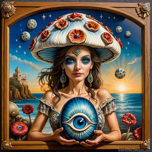 Prompt: (7 Wonders Art Glass Studio masterpiece), oil painting, (honoring Nuit), magical mushroom, (vibrant blue shell), (striking blue eye), Eye of Horus, rich textures, dreamy atmosphere, whimsical background, stars and cosmic elements, (ethereal lighting), enchanting details, high-quality, ultra-detailed composition, surreal and imaginative style.