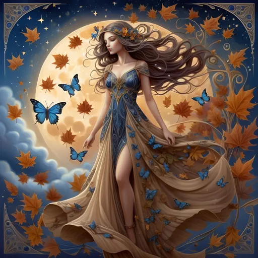 Prompt: (Honoring Nuit, Autumn Equinox) painting of nature as a woman with a flowing dress and a butterfly in her hair, with a sky background, Anne Stokes, fantasy art, highly detailed digital painting, a fine art painting