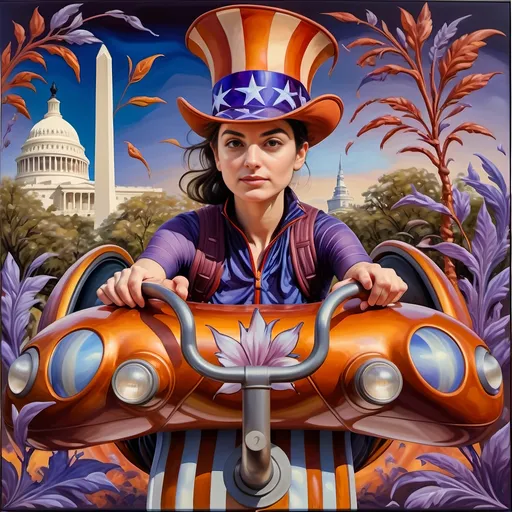 Prompt: A (masterful) Seven Wonders Art Glass Studio painting, depicting a (charming) magician man in a (patriotic) top hat, joyfully riding a rollercoaster in Liberty Park, featuring vibrant colors and whimsical elements, with a prominent Washington Monument in the background, intricately integrated with the phrase (accurately spelled text "Yankee Doodle"), all while encapsulating the theme of (honoring Nuit and the Aeon of Horus), ultra-detailed, colorful and dynamic atmosphere.