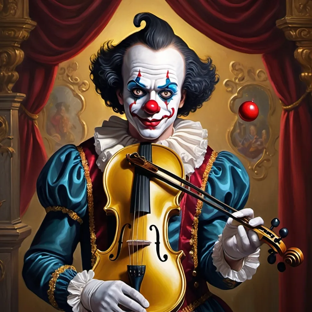 Prompt: a painting of a dark headed male clown with a gold violin and a ball in front of him, with a red clown's face painted on it, magical ambiance, friendly, highly detailed digital painting, an ultrafine detailed painting.  Add Renaissance background.  Adorn with mystic florals.  Add sun influences.  Add influences of the God Nuit in the following manner.  