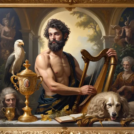 Prompt: (oil painting) Honoring Nuit, a man with a (wisdom-filled beard) holding a harp and a (rich) cup of wine, next to a (gilded golden cup), Ditlev Blunck's artisanal touch, (neoclassical elegance) with (Flemish Baroque influences). The atmosphere reflects reverence and beauty, drenched in (warm, golden tones), evoking the essence of a (divine encounter) that captures a mortal honoring the God Pan. Ultra-detailed, quintessential classical painting.