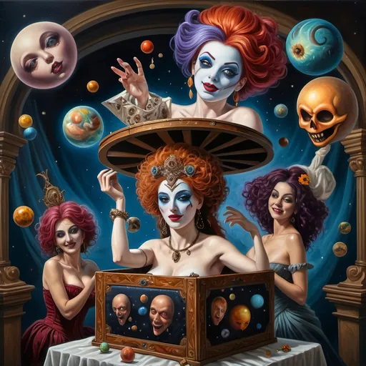 Prompt: (Renaissance oil painting), a stunning masterpiece capturing the essence of the Goddess Nuit, a whimsical Jack-in-the-Box emerging in ornate attire, sewing the seeds of the universe, planets swirling around, vibrant cosmic colors illuminating the canvas, intricate details, rich textures, playful yet profound ambiance, 4K ultra-detailed, an extraordinary blend of mythology and creativity celebrating the act of creation in a mystical setting.