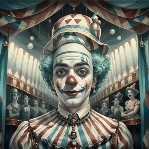 Prompt: A Seven Wonders Art Glass Studio Art Deco painting of a carnival with a magical whimsical clown in a music box at a freak show carnival on a stage with other freak-show magicians.   Dedicated to Nuit.