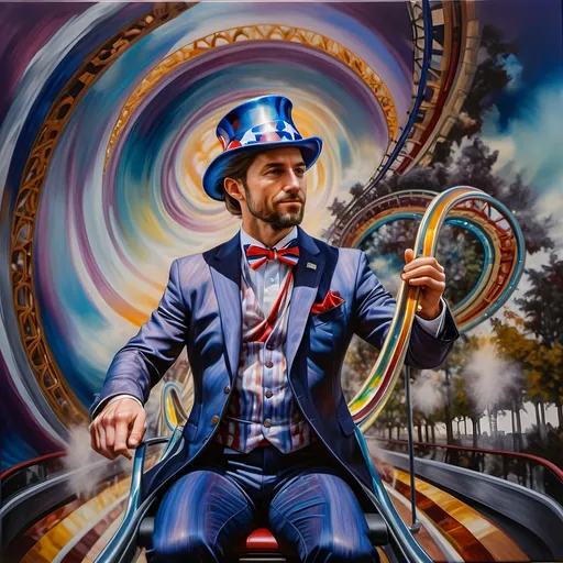 Prompt: A Seven Wonders Art Glass Studio masterpiece painting of a man in a patriotic hat riding Freedom rollercoaster in D. C.’s new amusement park named Freedom Park.  Honoring Nuit.