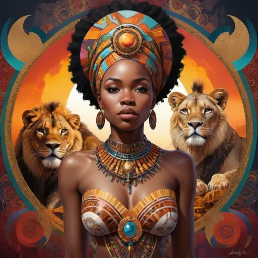 Prompt: (Chinwe Chukwuogo-Roy inspired), highly detailed digital painting, afrofuturism elements, a woman wearing an ornate headpiece, a majestic lion juxtaposed with her face, vibrant colors blending harmoniously, intricate patterns in the background, a detailed map of Africa framed behind, ethereal ambiance, captivating and symbolic, ultra-detailed, fine art masterpiece, evocative and sophisticated atmosphere.