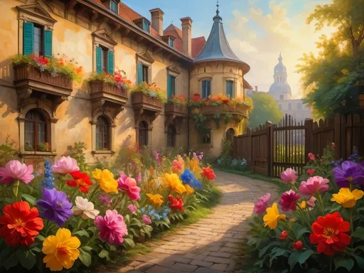 Prompt: (renaissance art style), vibrant color scheme, colorful flowers in a lush garden, wooden fence in the background, elegant building beyond, (rich vivid colors), (Flemish Baroque), enchanting ambiance, soft golden light, ultra-detailed petals glistening with dew, expressive and dynamic brush strokes, inviting atmosphere.