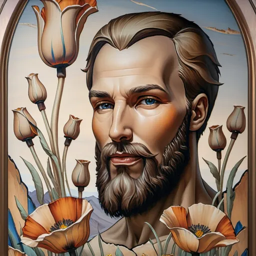 Prompt: A Seven Wonders Art Glass Studio portrait oil painting of a man with a beard in middle of Mojave Desert peak Poppy bloom season. Honoring Nuit