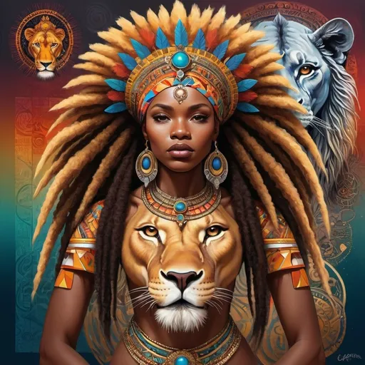 Prompt: (Chinwe Chukwuogo-Roy inspired), highly detailed digital painting, afrofuturism elements, a woman wearing an ornate headpiece, a majestic lion juxtaposed with her face, vibrant colors blending harmoniously, intricate patterns in the background, a detailed map of Africa framed behind, ethereal ambiance, captivating and symbolic, ultra-detailed, fine art masterpiece, evocative and sophisticated atmosphere.