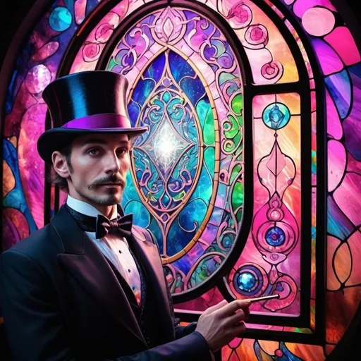 Prompt: (psychedelic art), magician man, (vibrant color scheme), pink top hat made of stained glass, tuxedo, enchanted stained glass magic portal mirror, colorful aura, swirling patterns, fantastical elements, dreamy atmosphere, intricate details, high contrast colors, HD quality, surreal ambiance, whimsical background, captivating reflections, alluring expression, intricate visual depth.