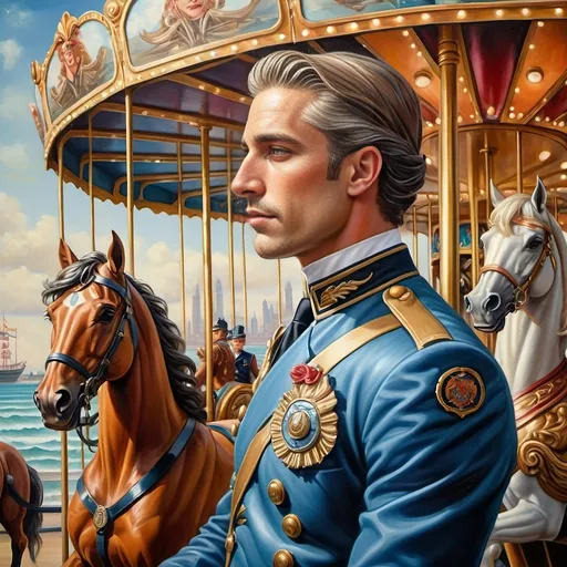 Prompt: (art deco style), vibrant color scheme, detailed painting of a man in a uniform, (stunning carousel), (beautiful horse in the background), (majestic ship in the distance), influenced by Anne Stokes, figurative art, highly detailed, oil painting, fine art painting, rich textures, striking composition, captivating atmosphere, visually enchanting scene, HD quality.