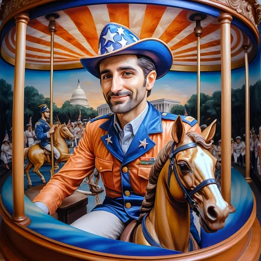 Prompt: (A Seven Wonders Art Glass Studio), oil renaissance painting, (vibrant colors), a man in military uniform, proudly riding on a Carousel of Heroes, surrounded by gracefully carved horses, soft, glowing ambiance, honoring veterans and those serving in the U.S. Military, warm golden lighting, intricate details in the uniform, carousel with richly adorned decorations, respectful atmosphere, high quality, ultra-detailed.