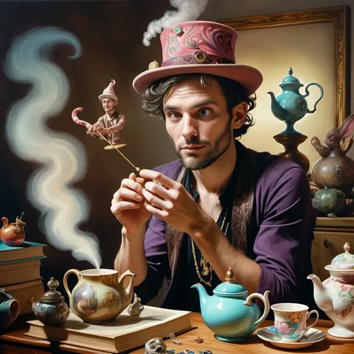 Prompt: (psychedelic still life portrait), a magician jack-in-the-box man, surrounded by (vibrant) teapots and enchanted magical items, items coming to life at a whimsical tea party, an open book exuding shimmering light in front of him, rich jewel tones, swirling patterns, otherworldly atmosphere, 4K, ultra-detailed, dreamlike ambiance.