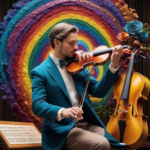 Prompt: (Hearing in Color), art deco style, vibrant color scheme, (complex rainbow swirl) background, painting of a man playing violin, intricate items surrounding him, (renaissance still life) elements, (music flowing as a rainbow), dynamic movement, mixing visual art with sound, hyper-detailed, rich textures, cinematic ambiance, enchanting atmosphere, (4K ultra-detailed quality), colorful symphony of sight and sound.