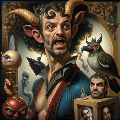 Prompt: (A fine art oil painting) by Seven Wonders Art Glass Studio, (magician man) with a (horned head), (bird on his shoulder), holding a cane and a glowing ball, inspired by Clint Cearley, (fantasy art), rich colors, intricate details, dramatic lighting, mystical atmosphere, character portrait emphasizing the essence of Pan and Nuit, ultra-detailed, vibrant background reflecting magical elements, imaginative and enchanting setting.