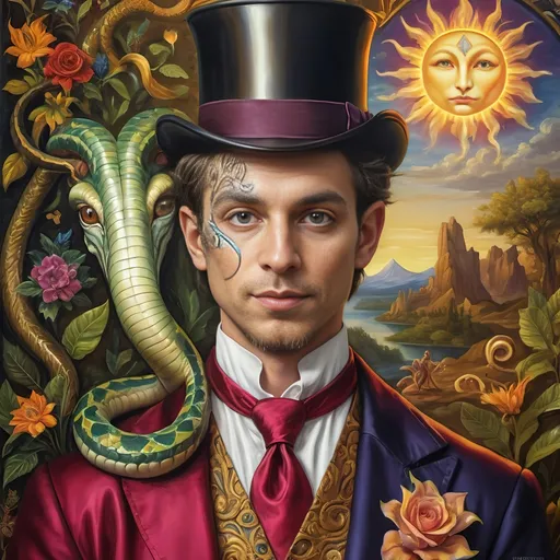 Prompt: (Renaissance portrait masterpiece), a whimsical (@magician) satyr, surrounded by mystique serpent transformation elements, honoring (@Horus) and (@Nuit). Vivid glass art techniques, intricate details, baroque elements, serene Arcadian landscape in the background, rich vibrant colors, warm golden tones, dramatic lighting, ethereal atmosphere that reflects a fusion of mythology and artistry, ultra-detailed HD quality.