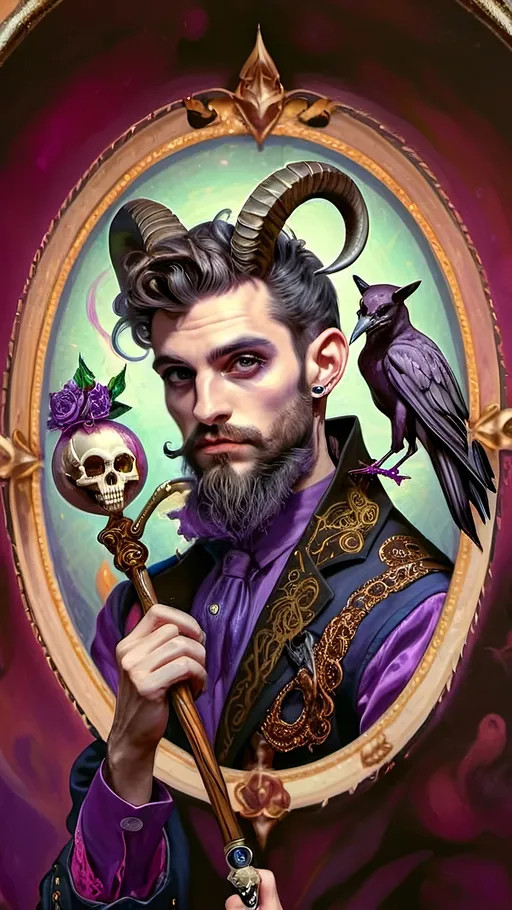 Prompt: a painting of a man magician satyr with horns and a skull in his hand and a crow on his shoulder, with a cane with a scull as orb