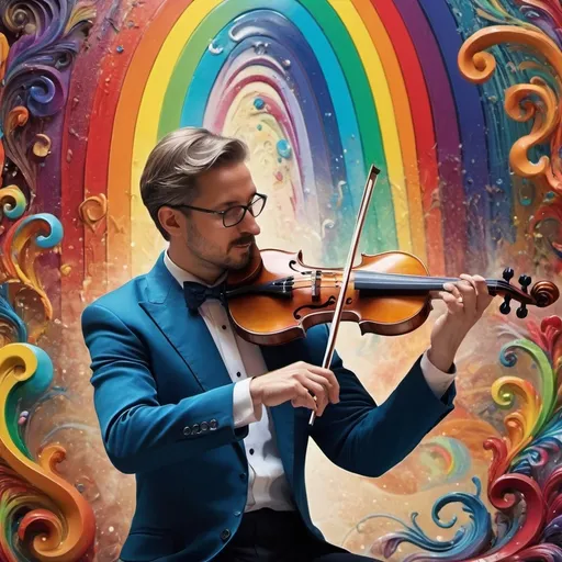 Prompt: (Hearing in Color), art deco style, vibrant color scheme, (complex rainbow swirl) background, painting of a man playing violin, intricate items surrounding him, (renaissance still life) elements, (music flowing as a rainbow), dynamic movement, mixing visual art with sound, hyper-detailed, rich textures, cinematic ambiance, enchanting atmosphere, (4K ultra-detailed quality), colorful symphony of sight and sound.