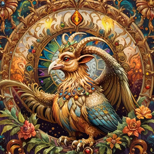 Prompt: (vibrant art nouveau still life), colorful magical painting, (intricate satyr man) with prominent horns, adorned with a festive wreath, holding a glowing candle, (ornate Christmas tree) in the background, rich intricate stained glass details, (refined porcelain influences), warm luminous lighting, lush textures, whimsical ambiance, and ultra-detailed craftsmanship that evokes the enchanting spirit of the holiday season.