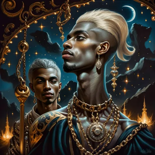 Prompt: (breathtaking baroque painting), two warriors (draped in metal and chains), adorned with furs and diamonds, standing majestically on a cliff, gazing over a tranquil lake at night, illuminated by a (brilliant full moon) honoring Nuit, surrounded by countless fireflies, enveloped in a (mystical and esoteric ambiance), detailed textures, rich colors, dramatic contrasts, (ultra-detailed) artistry capturing the essence of wonders.