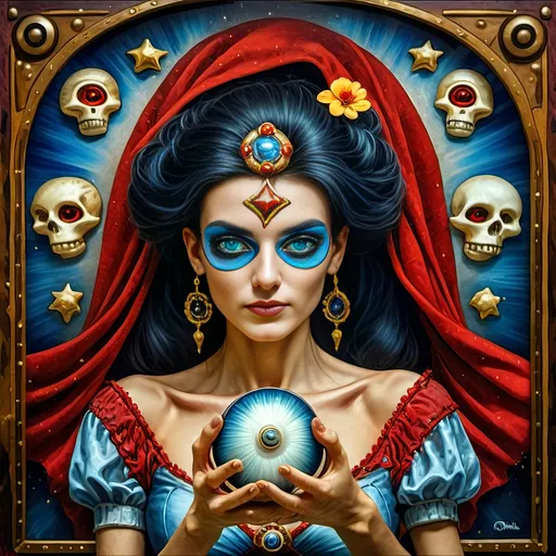 Prompt: (7 Wonders Art Glass Studio masterpiece), oil painting, (honoring Nuit), magical mushroom, (vibrant blue shell), (striking blue eye), Eye of Horus, rich textures, dreamy atmosphere, whimsical background, stars and cosmic elements, (ethereal lighting), enchanting details, high-quality, ultra-detailed composition, surreal and imaginative style.