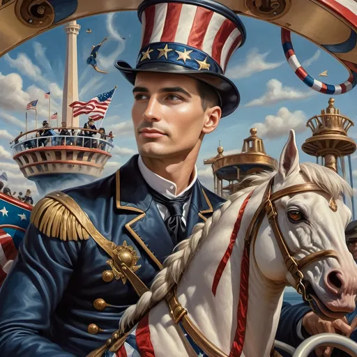 Prompt: (Acrylic painting of a magician man), wearing a (patriotic top hat), joyfully riding a (whimsical rollercoaster) in Liberty Park, with (HD details), vibrant colors, and enchanting motifs. The scene features the (Washington Monument) in the background, as well as the phrase (accurately spelled text "Yankee Doodle"). An aura of celebration and magic surrounds the image, honoring Nuit and the Aeon of Horus.