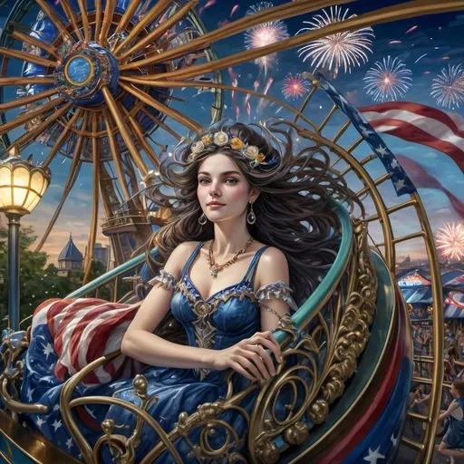 Prompt: (7 Wonders Art Glass Studio), a person in (patriotic dress), riding a vibrant rollercoaster at Liberty Park, fireworks bursting in the dark sky, U.S. flag-themed floats in the background, the illuminated Capital Wheel on the Wharf, celebrates the essence of freedom, (cultural homage to goddess Nuit), energetic ambiance, verdant park surroundings, (4K) resolution, ultra-detailed composition, festive and inspiring atmosphere.