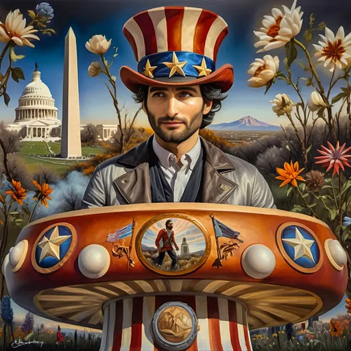 Prompt: (Acrylic painting of a magician man), wearing a (patriotic top hat), joyfully riding a (whimsical rollercoaster) in Liberty Park, with (HD details), vibrant colors, and enchanting motifs. The scene features the (Washington Monument) in the background, as well as the phrase (accurately spelled text "Yankee Doodle"). An aura of celebration and magic surrounds the image, honoring Nuit and the Aeon of Horus.