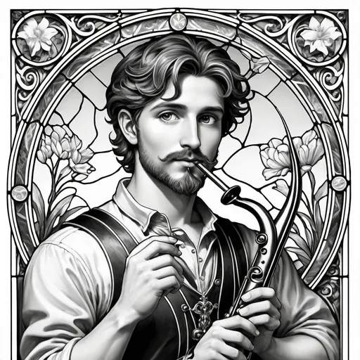 Prompt: black and white coloring page, (A Seven Wonders Art Glass Studio stained glass window), Pan holding his flute, (Renaissance Period), (classical influences), (Art Nouveau elements), intricate designs, whimsical shapes, nature motifs, mythical themes, flowing lines, ornate details, delicate patterns, (stained glass style), honoring the God Pan of Arcadia, creative and vivid artistry, suitable for coloring enjoyment, enchanting ambiance.