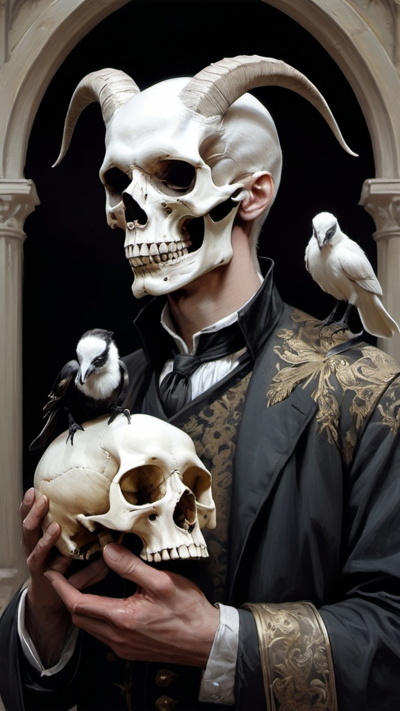 Prompt: a man with a skull and a goat head holding a skull in his hand and a bird on his shoulder, Bastien L. Deharme, gothic art, fantasy character portrait, a fine art painting