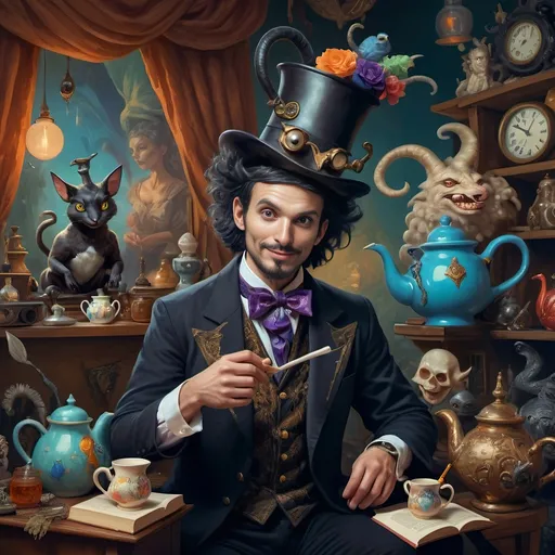 Prompt: (vibrant psychedelic still life), portrait of a magician jack-in-the-box man, surrounded by whimsical teapots and enchanting magical items, coming to life, playful ambiance, lively colors, an open book in front of him, surrealistic elements, dreamlike atmosphere, richly detailed background, (spectacular color gradients), ultra-detailed, eye-catching composition, high-quality artwork.